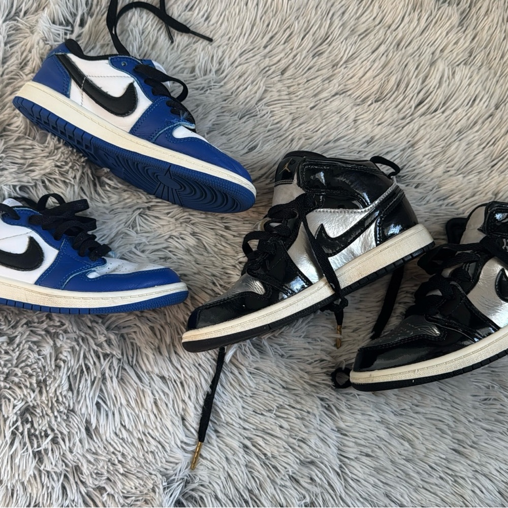 2 Pair Retro Jordan 1’s Nike Kids' Black, Blue, and Silver Sneakers